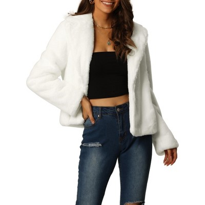 Seta T Women's Fashion Long Sleeve Faux Fur Fluffy Notch Lapel Cropped Jacket