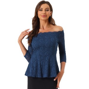 Allegra K Women's Elegant Lace Floral Semi Sheer 3/4 Sleeve Off Shoulder Peplum Top - 1 of 4