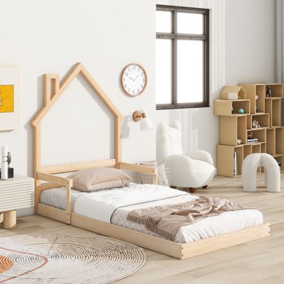 NicBex Twin Size Wood Montessori Bed with House-Shaped Headboard,Floor Bed with Handrails and Slats,Modern Toddler Bed for Bedroom