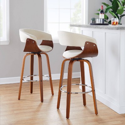 Cream Walnut Chrome Swivel Barstools with Footrest, Set of 2