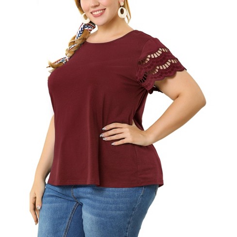 1X 2X 3X Plus Size Women V Neck Lace 3/4 Sleeve Round Hem Soft