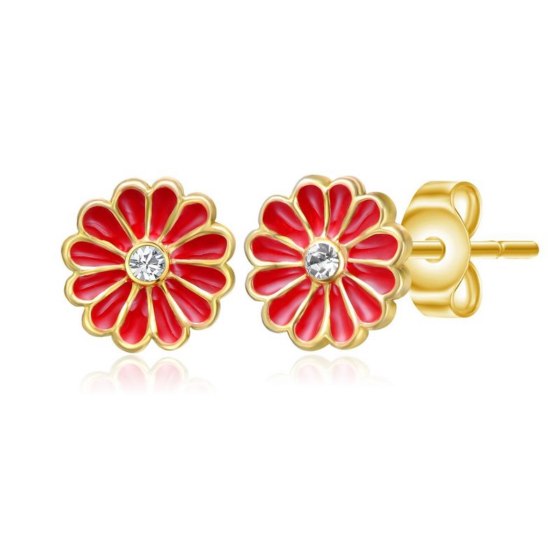 14k Gold Plated Clear Crystal & Red Enamel Flower Stud Earrings, 2 of 4