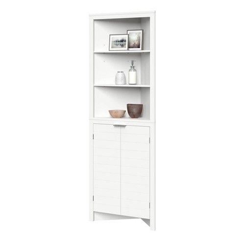 White Open Shelf Corner Cabinet