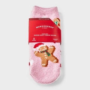 Toddler 2pk Cozy Christmas Gingerbread Cookies Socks - Wondershop™ Pink 2T-3T - 1 of 3