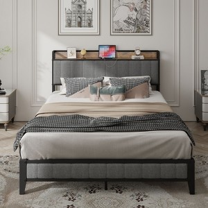 DOMETOUR Full Size Bed Frame Metal Bed Frame with Charging Headboard Light Grey - 1 of 4