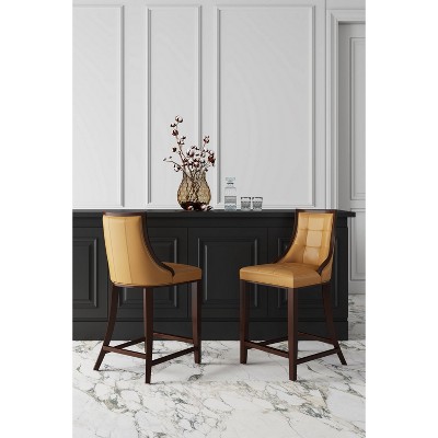 Elegant Camel Faux Leather & Dark Walnut Beech Wood Counter Stool
