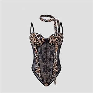 Clotth Women's Leopard Print Bodysuit - Lace Detail, Halter Neck, Sheer Mesh Panels Lingerie, Brown with Black - 1 of 4