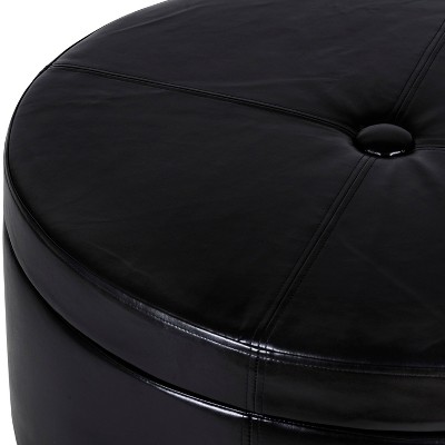 Winston Large Round Tufted Storage Ottoman in Faux Leather Black
