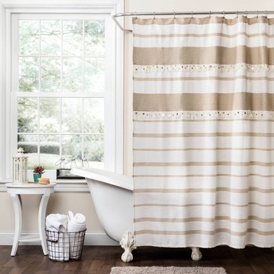 Tan and white on sale striped shower curtain