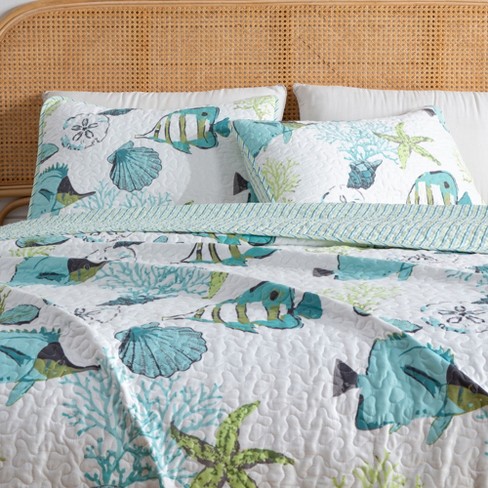 Coastal Reef Feather Reversible Quilt Set, Lush Decor