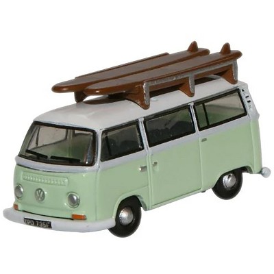 Volkswagen T2 Minibus Light Green and White with Surfboard on Roof Rack 1/148 (N) Scale Diecast Model car by Oxford Diecast