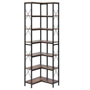 VEVOR 7 Tier Corner Bookshelf, 79" Tall Corner Bookcase with Heavy Duty Metal Frame & Wooden Shelves, Black - 1 of 4