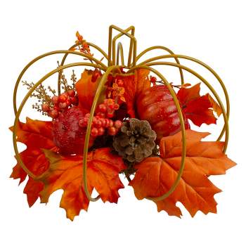 Northlight 12" Autumn Harvest Maple Leaf and Berry Pumpkin Tabletop Centerpiece