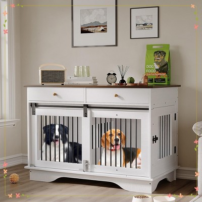 47" Dog Furniture Crate, Large Furniture Style Dog Crate w/ 2 Storage Draws & Removable Divider & Triple Door Design