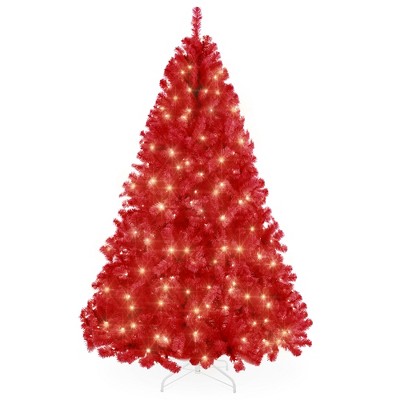 Best Choice Products Pre-Lit Red Christmas Tree, Artificial Full Holiday Decoration w/ Incandescent Lights