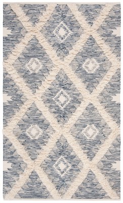 Ivory and Blue Hand-Knotted Wool 6' x 9' Area Rug
