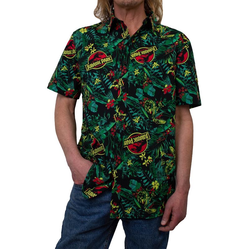 Men's Jurassic Park Classic Logo Hawaiian Print Button Down Shirt, 1 of 4