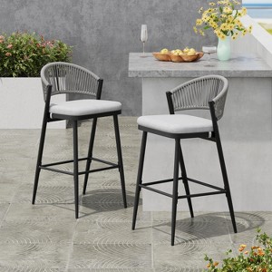 Christopher Knight Home Dafydd Outdoor 30" Iron and Rattan Barstools with Scallop-shaped Backrest (Set of 2) - 1 of 4