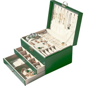 2-Drawer, 3-Tier Jewelry Organizer with Gold Key, White PU Leather and Velvet Lining - 1 of 4