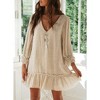Coolmee Women European And American V Neck Loose Ruffled Long Sleeve Ruffled Hem Button Down Cotton And Linen Mini Dress - 2 of 4