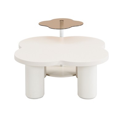 Maliang Modern Coffee Table Set of 2, Irregular Shape Coffee Table with Four Roman Column Legs + End Table with Glass Top for Living Room