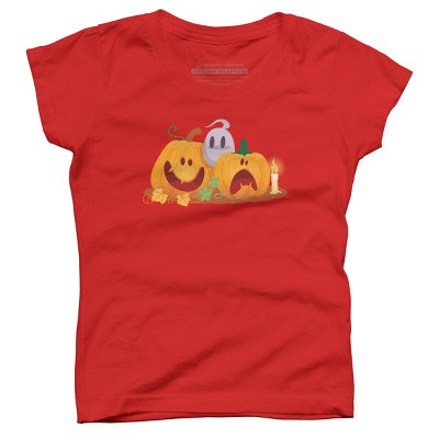 Girl's Design By Humans Halloween Cartoon Pumpkins And Ghost By VectorVillain T-Shirt