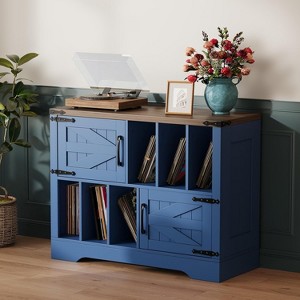 Clearance, Record Player Stand with Vinyl Storage, Farmhouse Wood Cabinet, Barn Doors, 6 Shelves, Turntable Table - 1 of 4