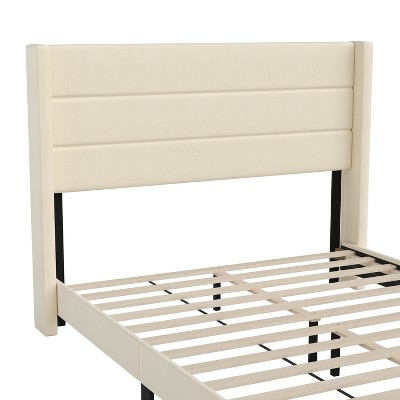 Beige Queen Upholstered Platform Bed with Wingback Headboard