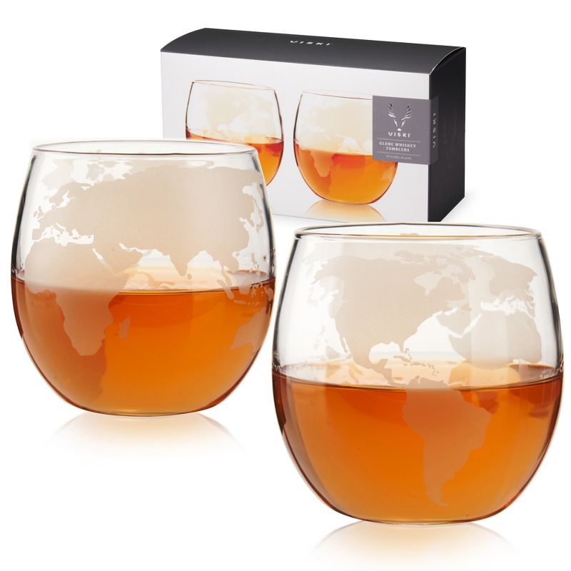 Viski Globe Whiskey Tumblers, Set of 2, Etched Glass Whiskey Enthusiast Gift and Glassware Accessory,  12 oz, 1 of 10