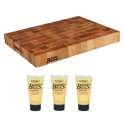 John Boos Maple Wood Reversible Thick Chopping Block Cutting Board, 20 x 15 x 2.25 Inches and Butcher Block Natural Moisture Cream, 5 Ounces (3 Pack)