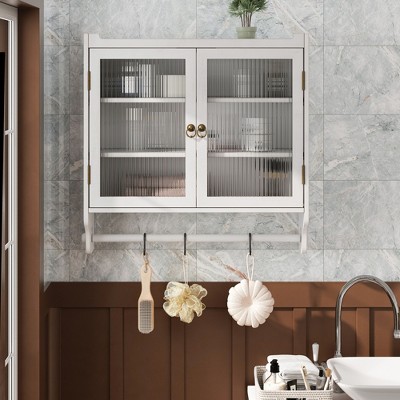 Vynxaria 24.8" Vintage Glass Door Double Wall Cabinet with Three Tiers of Storage and Towel Rack for Bathroom, Kitchen, and Dining Room