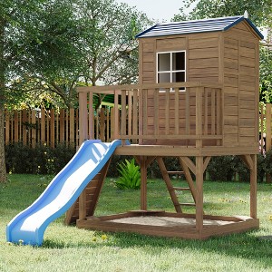 Outdoor Wooden Playhouse with Climbing Wall, 2 Story Wooden Playhouse with Step Ladder, Elevated Modern Cedar Playhouses Kids - 1 of 4