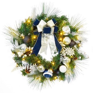 24" Pre-Lit Christmas Wreath with 20 Lights - Blue & Silver Wreath with Ornaments, Pine Cones, Berries, Bows & Snowflakes for Indoor/Outdoor Decor - 1 of 4