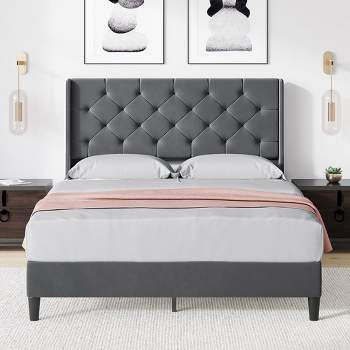 Trinity Bed Frame Upholstered Platform with Wingback Headboard and Strong Wooden Slats, No Box Spring Needed, Easy Assembly