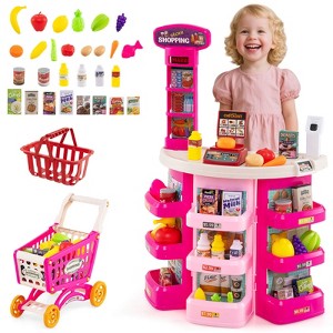Costway 76 PCS Pretend Play Grocery Store Set with Shopping Cart Scale Scanner Light Sound Pink/Multicolor - 1 of 4
