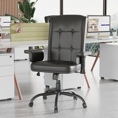 VECELO Ergonomic Leather Office Chair, Adjustable Swivel Desk Chair with Armrests & Lumbar Support, Black/Brown
