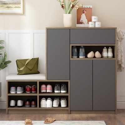 2-in-1 Shoe Storage Bench & Shoe Cabinets , Multi-functional Shoe Rack with Padded Seat, Shoe Storage with Adjustable Shelves-Cuddlewood