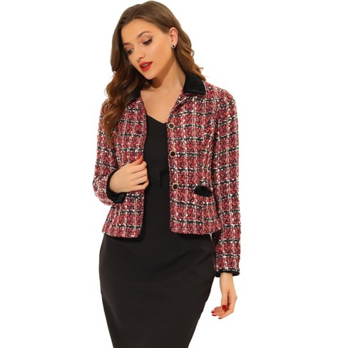 Unique Bargains Women's Plaid Tweed Blazer Long Sleeve Open Front Work  Jacket 