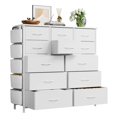 Dresser for Bedroom with 12 Drawers, 5 Side Pockets & 2 Hooks, Storage Drawer Organizer w/Metal Frame, Wooden Top