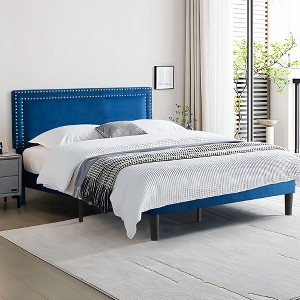 VECELO Velvet Upholstered Platform Bed Frame with Adjustable Headboard, Sturdy Wood Slats & Metal Support, No Box Spring Needed, Twin/Full/Queen Size - 1 of 4