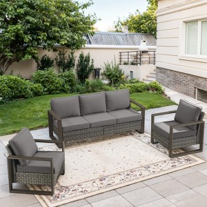 POCASSY Outdoor Sofa Couch Set with Club Lounge Chair, Patio Furniture Set with Wood Grain Square Armrest - 1 of 4