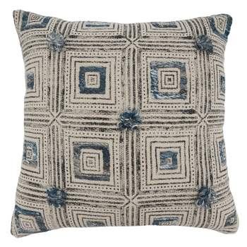 Saro Lifestyle Squares Embroidered Block Print Pillow - Poly Filled, 20" Square, Blue
