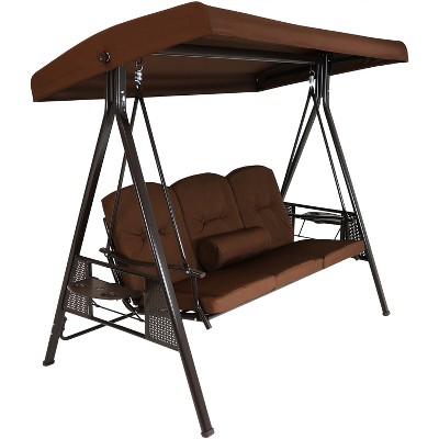 Sunnydaze Outdoor 3-Person Aluminum Patio Swing with Adjustable Canopy, Cushions and Pillow, Brown