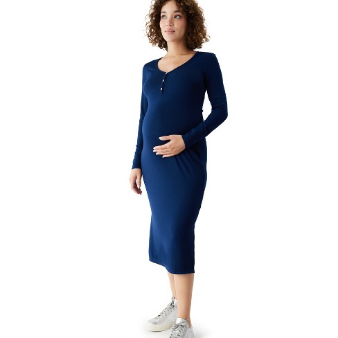 Isabel Maternity Blue Ribbed Ruched Sleeveless Maternity Dress