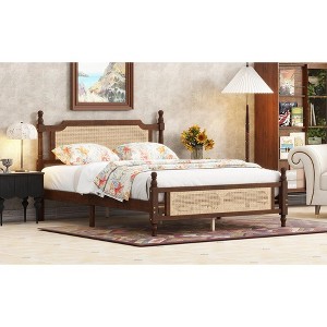 MAYEERTY Full Size Bed with Rattan Headboard, Two Storage Drawers, Rubber Wood Bed Brown - 1 of 4