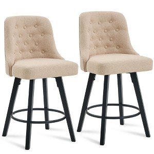 Zeus & Ruta Set of 2 Mid-Century 26" 360°Swivel Counter Stools with Linen Seats and Wood Legs - 1 of 4
