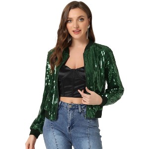 INSPIRE CHIC Women's Party Sequin Sparkle Long Sleeve Cropped Length Zipper Bomber Jacket - 1 of 4