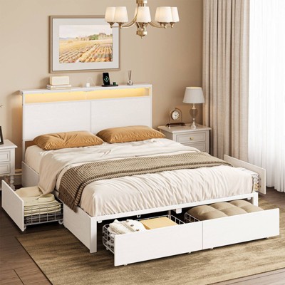 WOWLIVE Queen/Full/King Size Bed Frame with 4 Drawers, Modern bed with LED Light and Charging Station, Storage Headboard, HB00