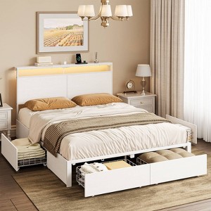 WOWLIVE Queen/Full/King Size Bed Frame with 4 Drawers, Modern bed with LED Light and Charging Station, Storage Headboard, HB00 - 1 of 4