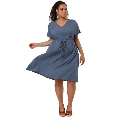 Agnes Orinda Women's Plus Size Tie Waist Short Sleeve Chambray Shirtdress  Dark Blue 4X